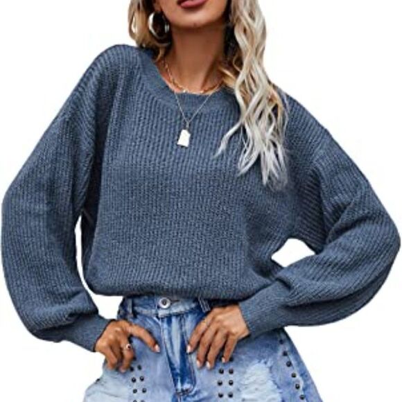 Women's Casual Long Sleeve V Neck Drop Shoulder Solid Sweater Tops - Picture 2 of 5
